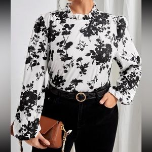 Plus Floral Print Lantern Sleeve Mock Neck Blouse